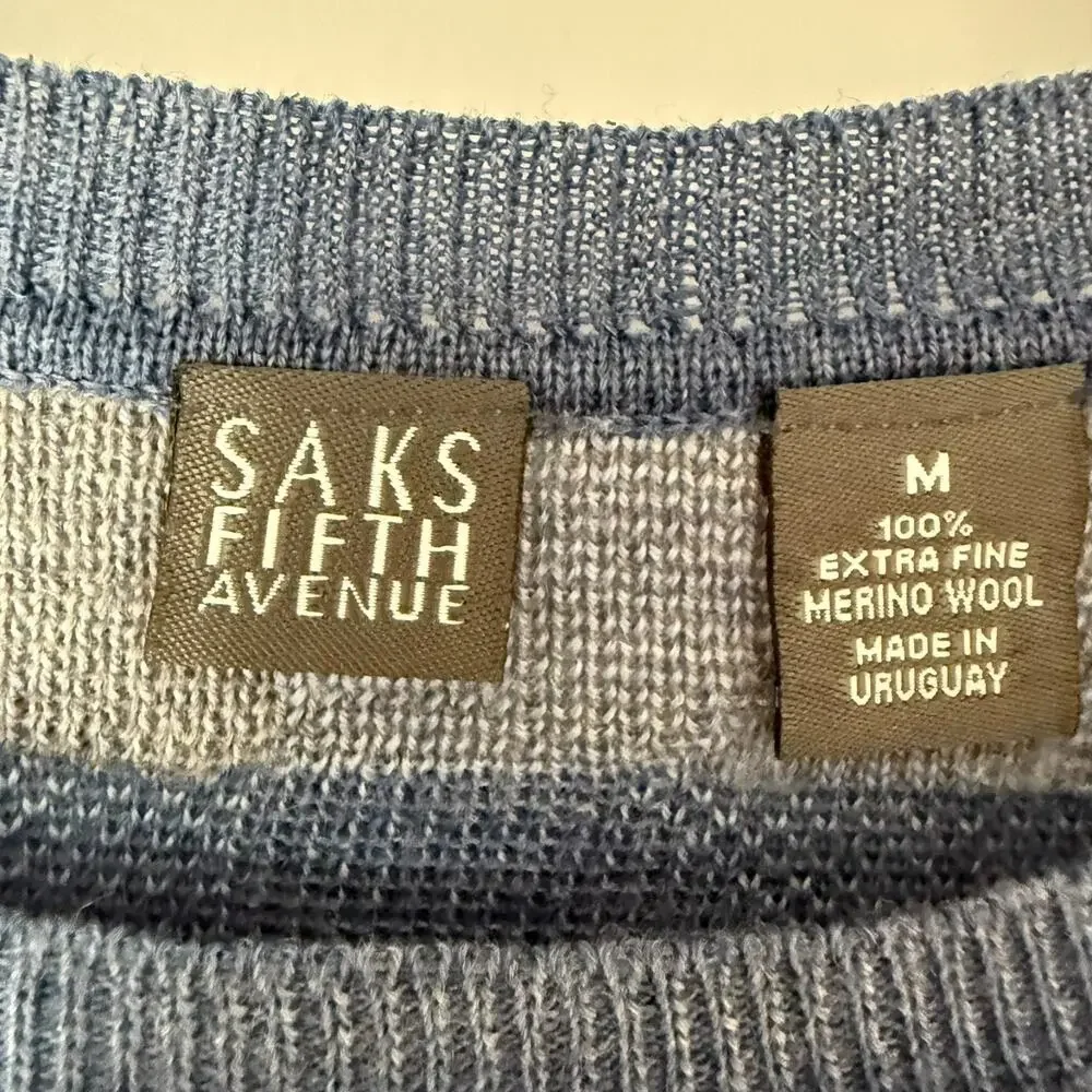 Saks Fifth Avenue Merino Wool Sweater Mens M Blue Gray Print Crew Neck Pullover